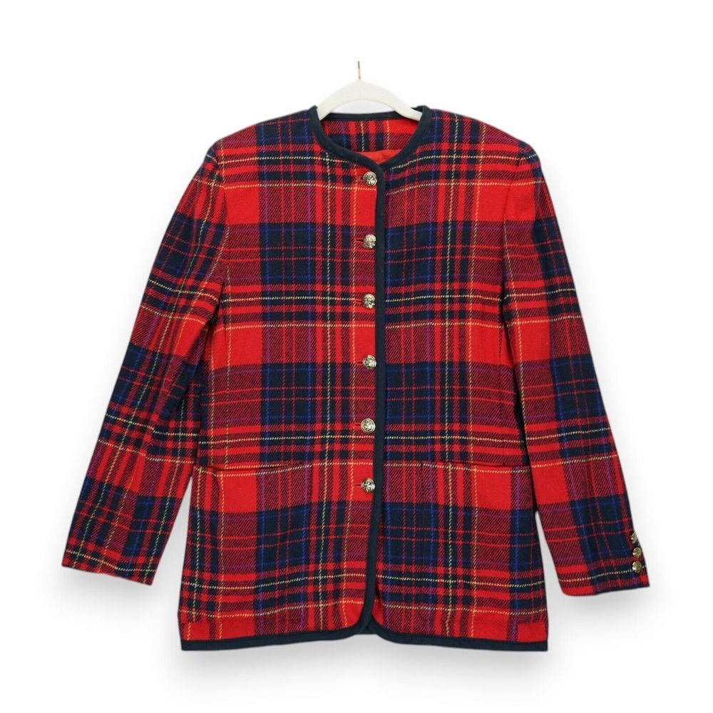 Vintage LIZ CLAIBORNE COLLECTION Red Cheqkered Plaid‎ Wool Blend Blazer Size 8